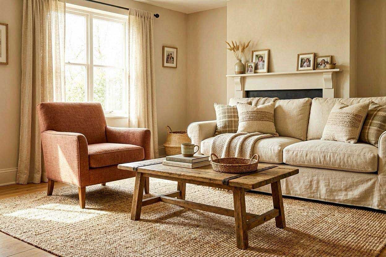 Soft beige wall color with a rust accent chair