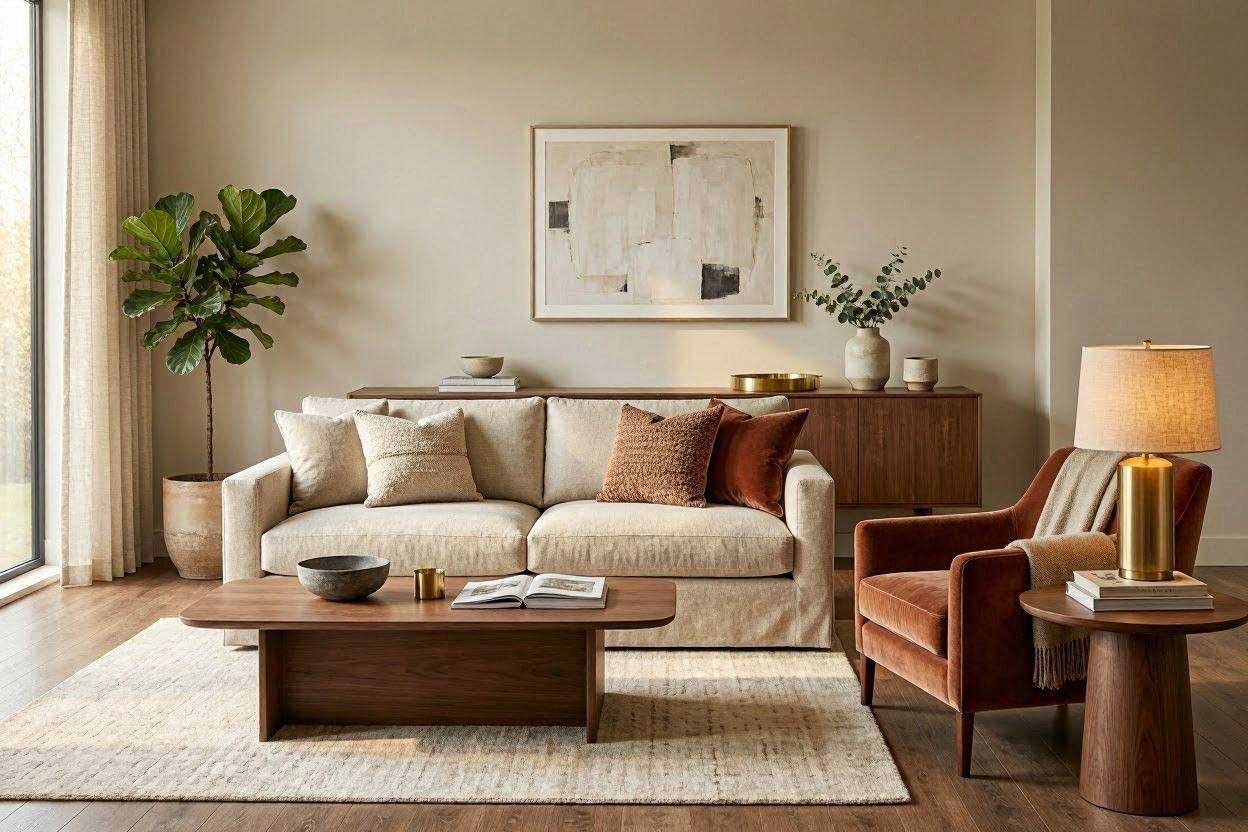 Taupe Walls That Pair Beautifully with a Rust Accent Chair