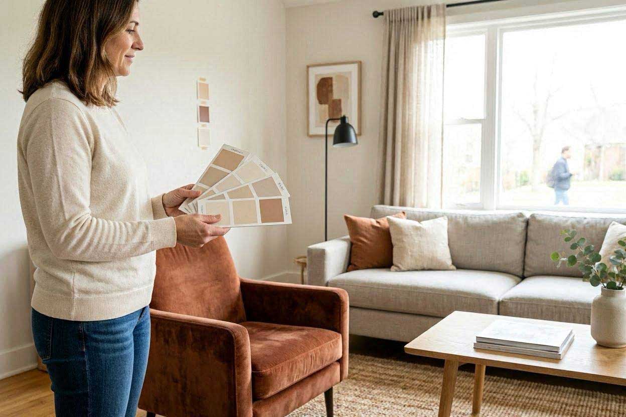 Testing wall paint samples before painting around a rust accent chair
