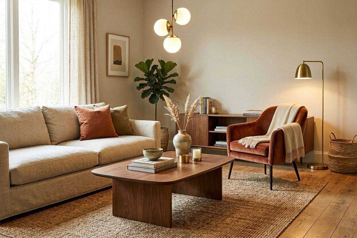 Walnut coffee table complementing a rust accent chair in a warm contemporary living room.