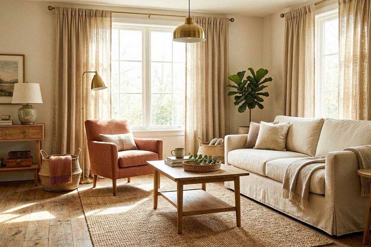 Warm beige curtains with a rust accent chair