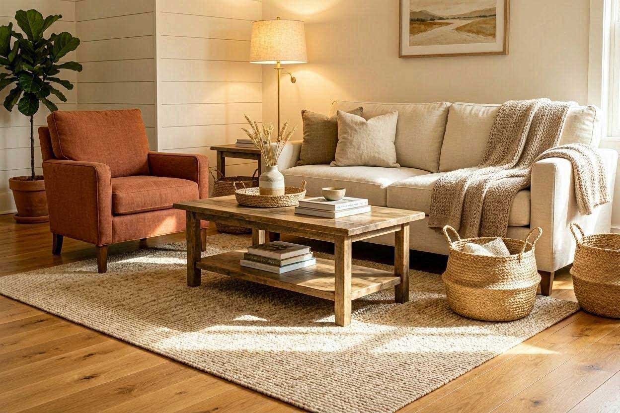 Warm beige rug paired with a rust accent chair