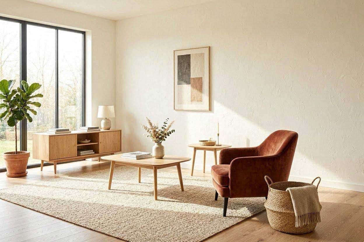 Warm white walls paired with a rust accent chair