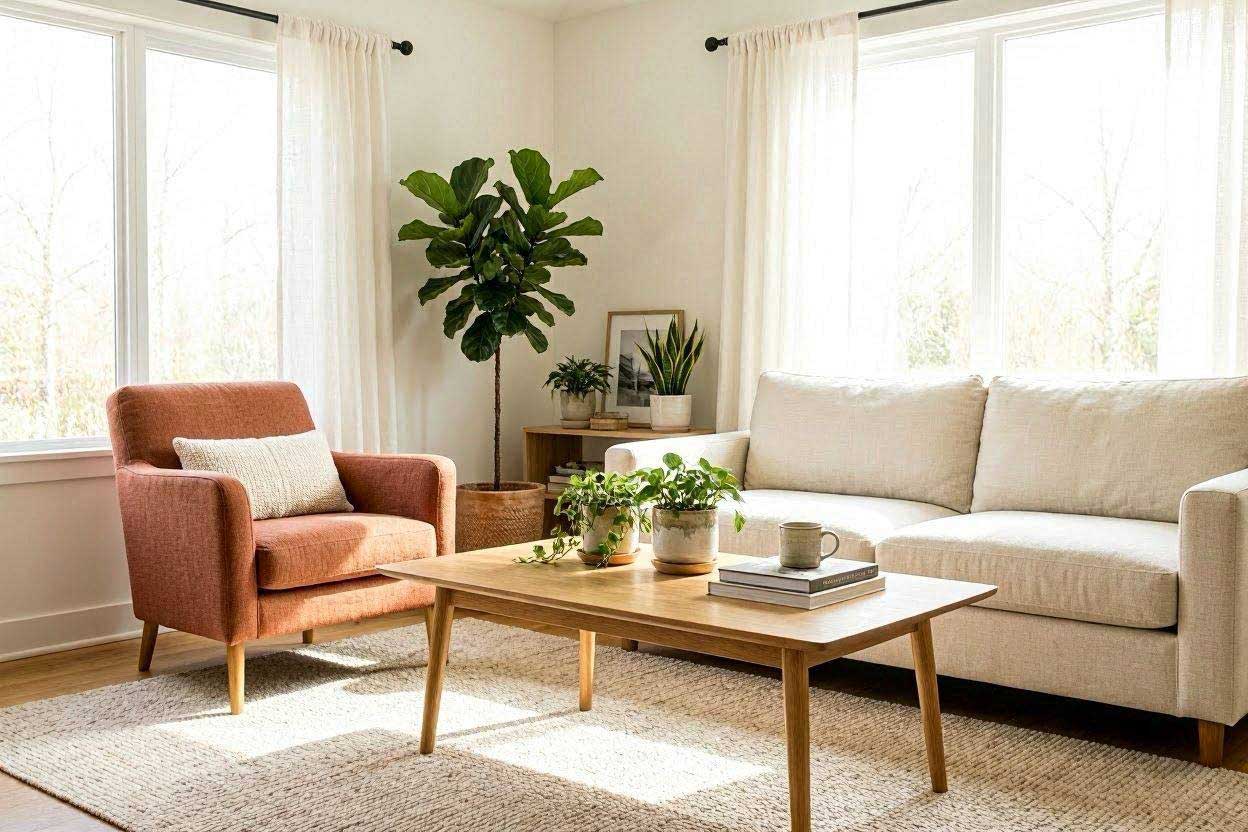 White curtains with a rust accent chair