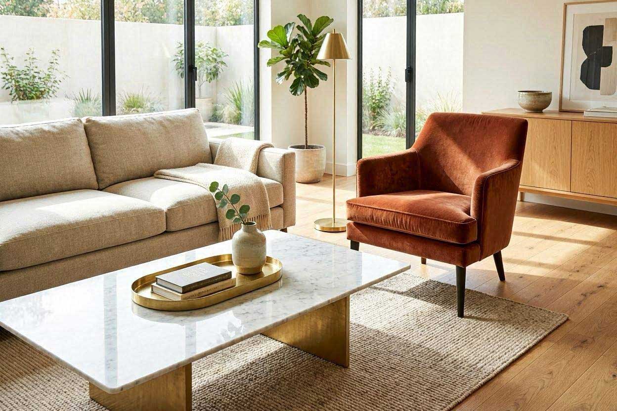 White marble coffee table creating contrast with a rust accent chair.