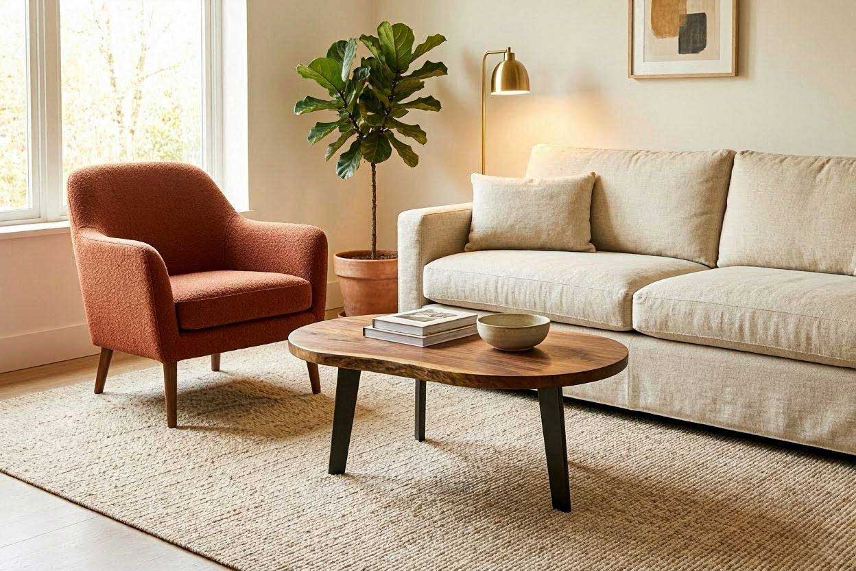 A balanced living room showing how a coffee table connects a rust accent chair with surrounding furniture.