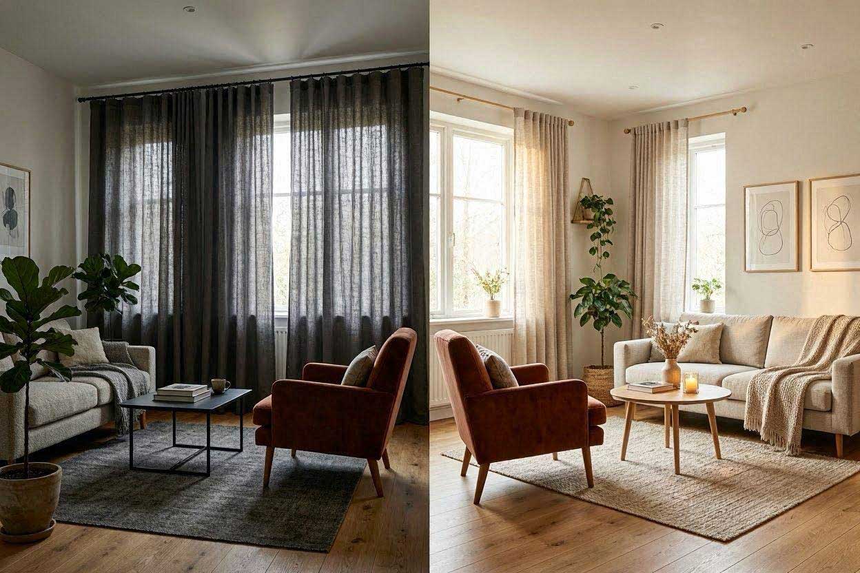 How curtain color changes the look of a rust accent chair