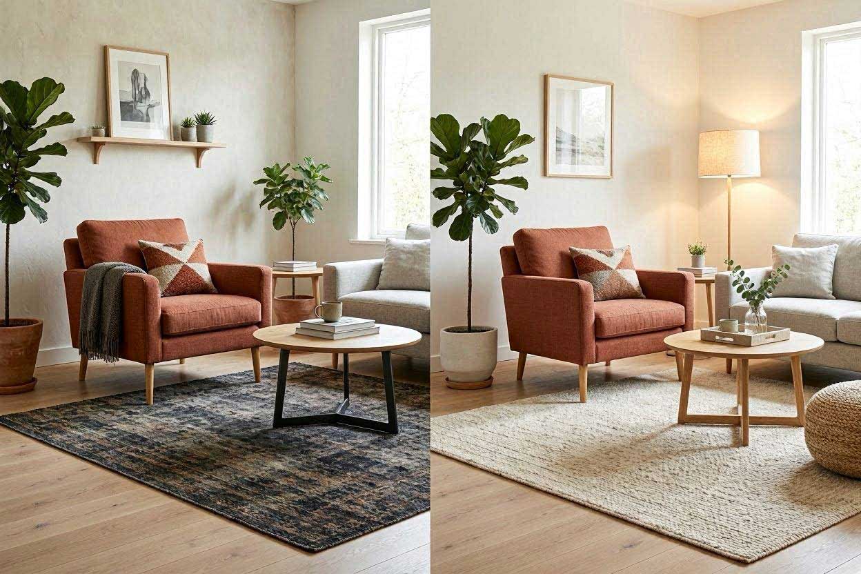 Comparison showing how rug color changes the look of a rust accent chair