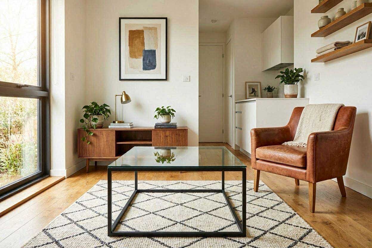 A minimalist clear glass coffee table with a slim black metal frame styled next to an earth tone rust chair.
