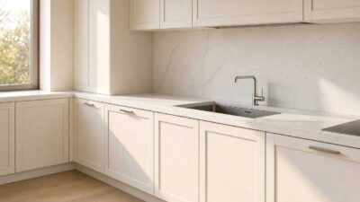 An elegant veined white quartz countertop sitting on modern white kitchen cabinets in a luxury home