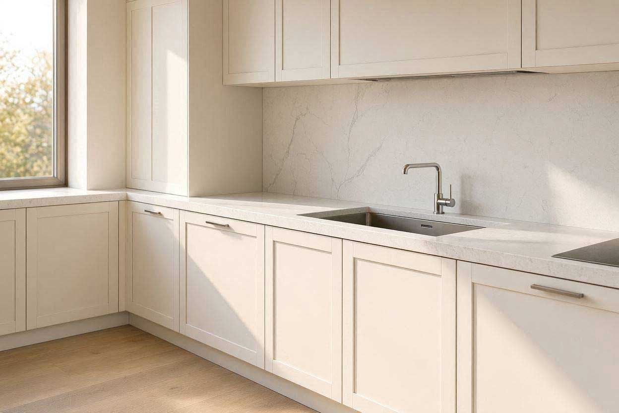 An elegant veined white quartz countertop sitting on modern white kitchen cabinets in a luxury home