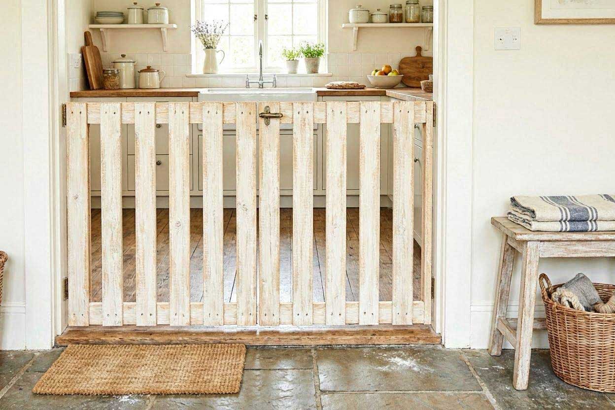A rustic white-painted DIY indoor dog gate with door made from upcycled wooden pallets at a kitchen entrance