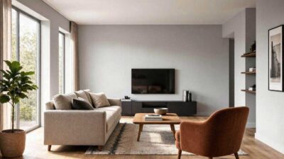 A beautifully arranged narrow and rectangular living room with a floated beige sofa and a rust accent chair