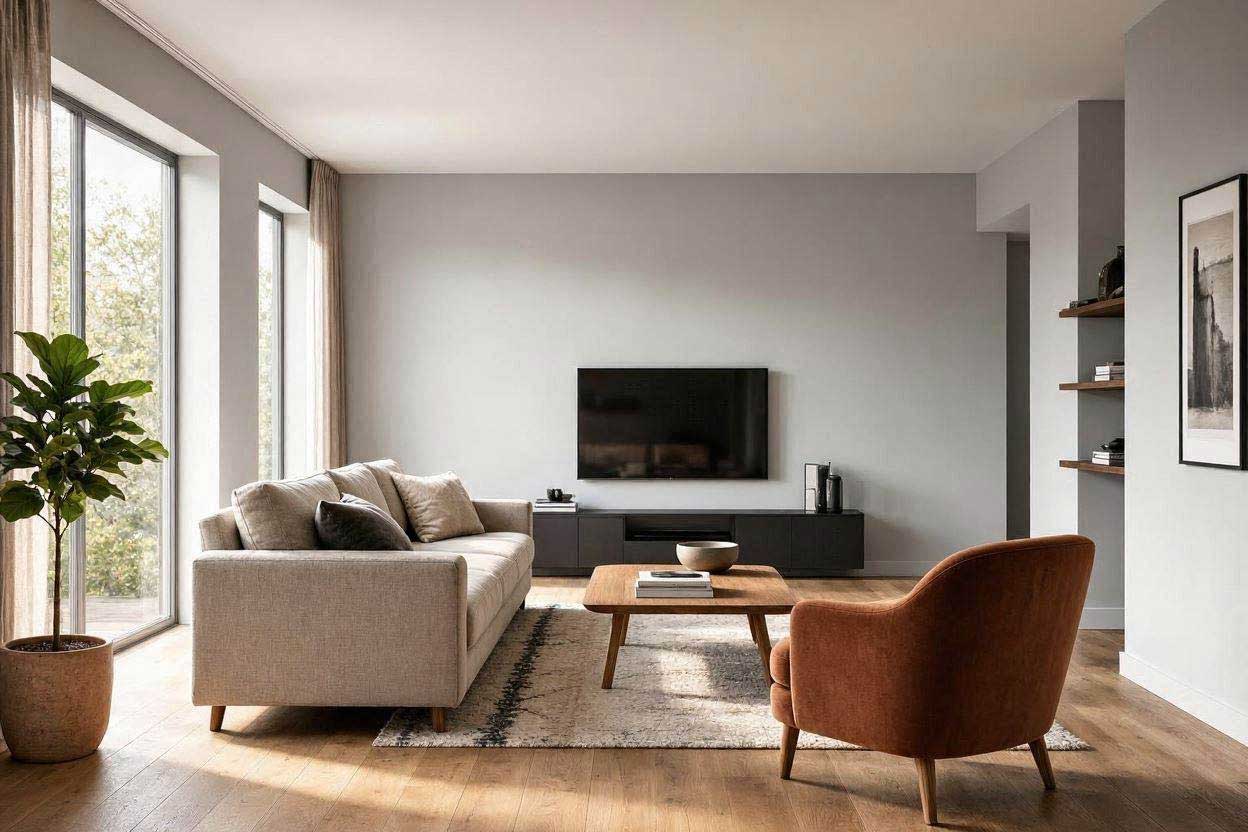 A beautifully arranged narrow and rectangular living room with a floated beige sofa and a rust accent chair