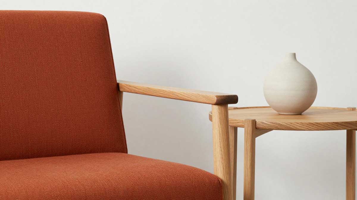 A close-up shot of a pale light oak wooden side table styled gracefully next to a modern rust orange accent chair.
