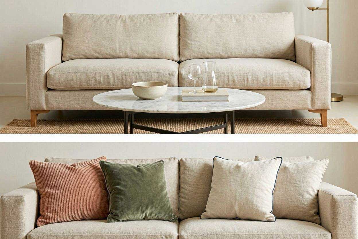 An interior design purchasing priority guide showing a step-by-step layout of a sofa, coffee table, and pillows.