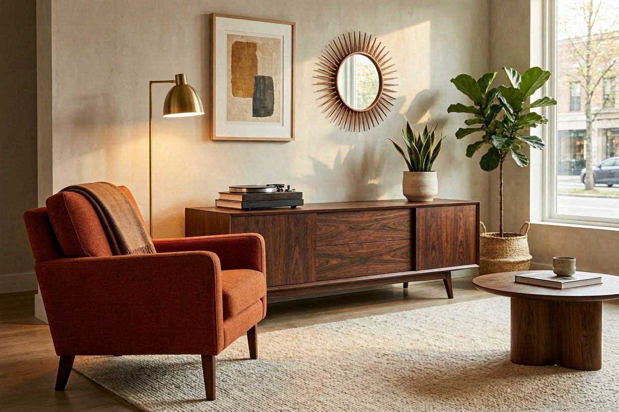 A mid-century modern rust chair styled alongside a deep chocolate brown walnut wood media console cabinet.