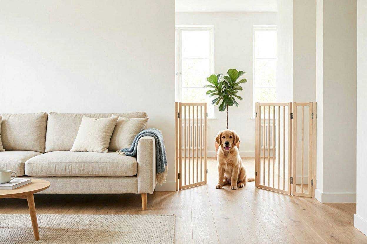 A freestanding wooden indoor temporary dog fence in a modern Scandinavian living room with a golden retriever puppy