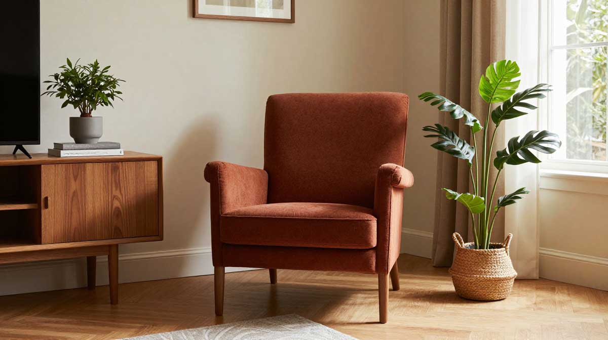 An aesthetic vertical Pinterest photo showcasing expert material pairings and furniture for a rust orange accent chair.