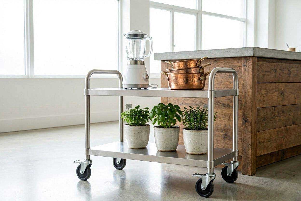 A portable stainless steel kitchen cart with storage shelves and heavy duty locking wheels