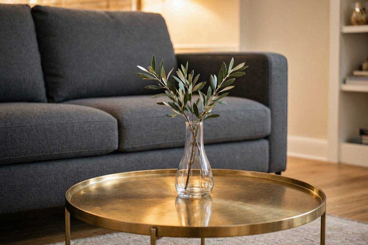 A modern round metal coffee table with brass finish breaking the straight lines of a rectangular living room layout