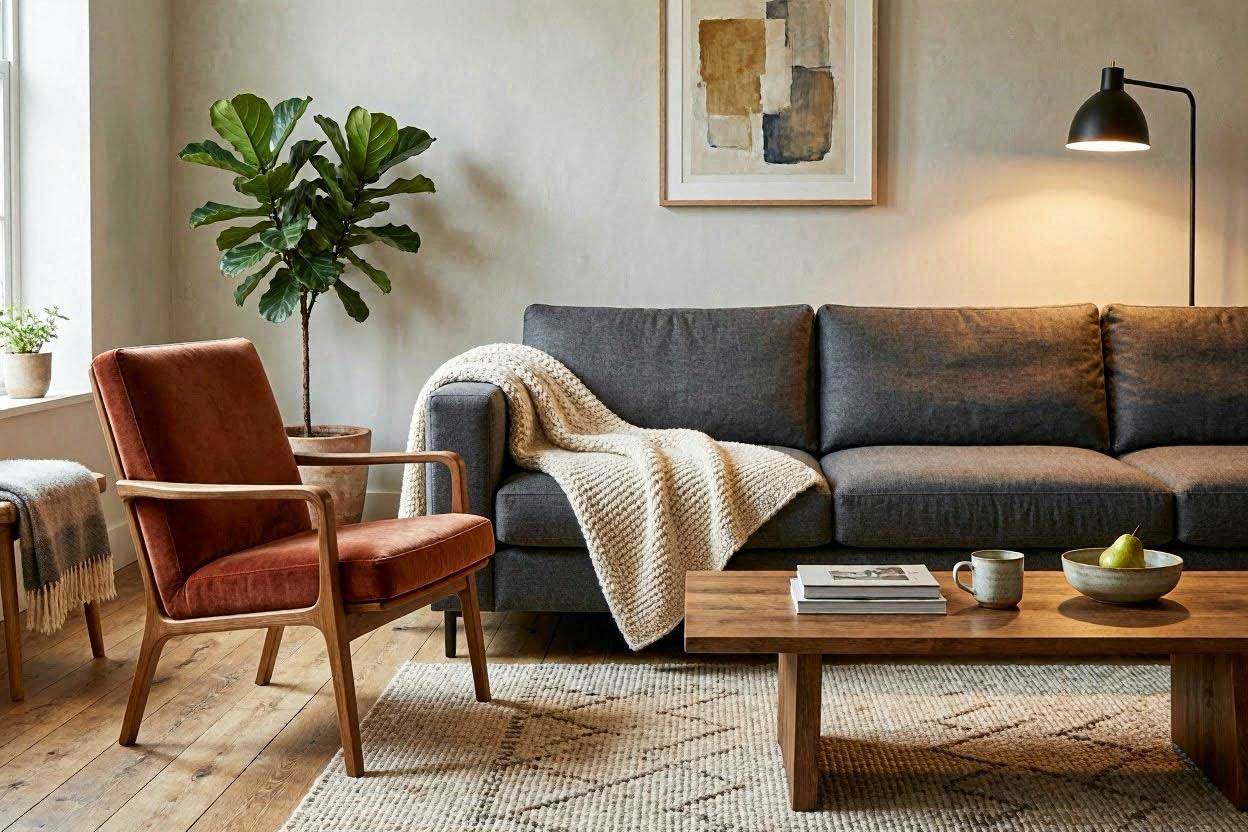 A vibrant terracotta accent chair standing out beautifully against a dark charcoal grey fabric sectional sofa.