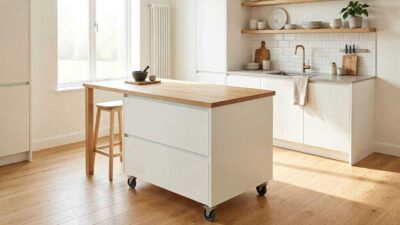 A stylish small kitchen island on wheels with storage and a butcher block wooden top in a modern compact apartment kitchen