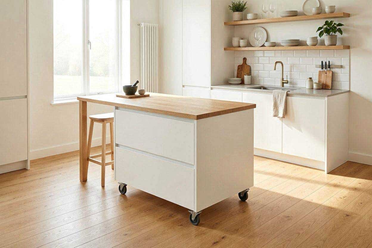 A stylish small kitchen island on wheels with storage and a butcher block wooden top in a modern compact apartment kitchen