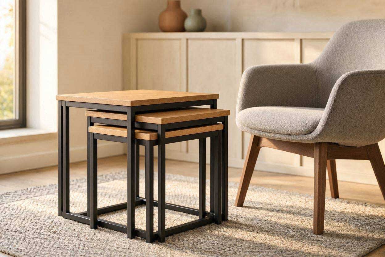 A set of wooden nesting tables showcasing smart space saving furniture ideas in a tiny living room