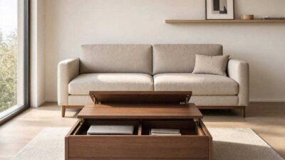 A smart lift top coffee table showing hidden storage in a small space saving furniture living room layout