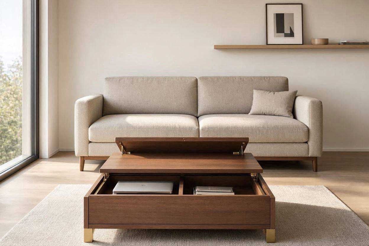 A smart lift top coffee table showing hidden storage in a small space saving furniture living room layout