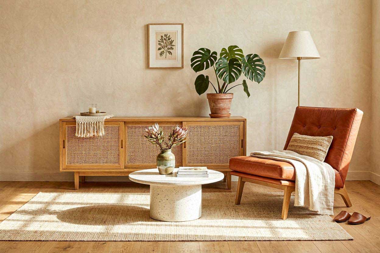 A natural woven cane sideboard positioned near a terracotta accent chair to create an organic minimalist look.