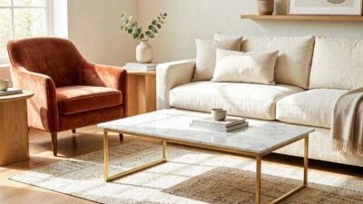 A sunlit minimalist living room displaying a rust velvet accent chair styled perfectly with a marble coffee table and ivory linen sofa.