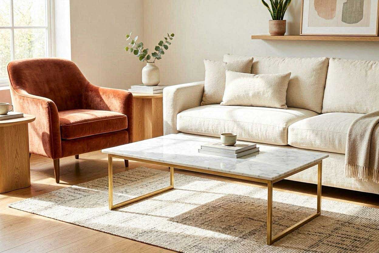 A sunlit minimalist living room displaying a rust velvet accent chair styled perfectly with a marble coffee table and ivory linen sofa.
