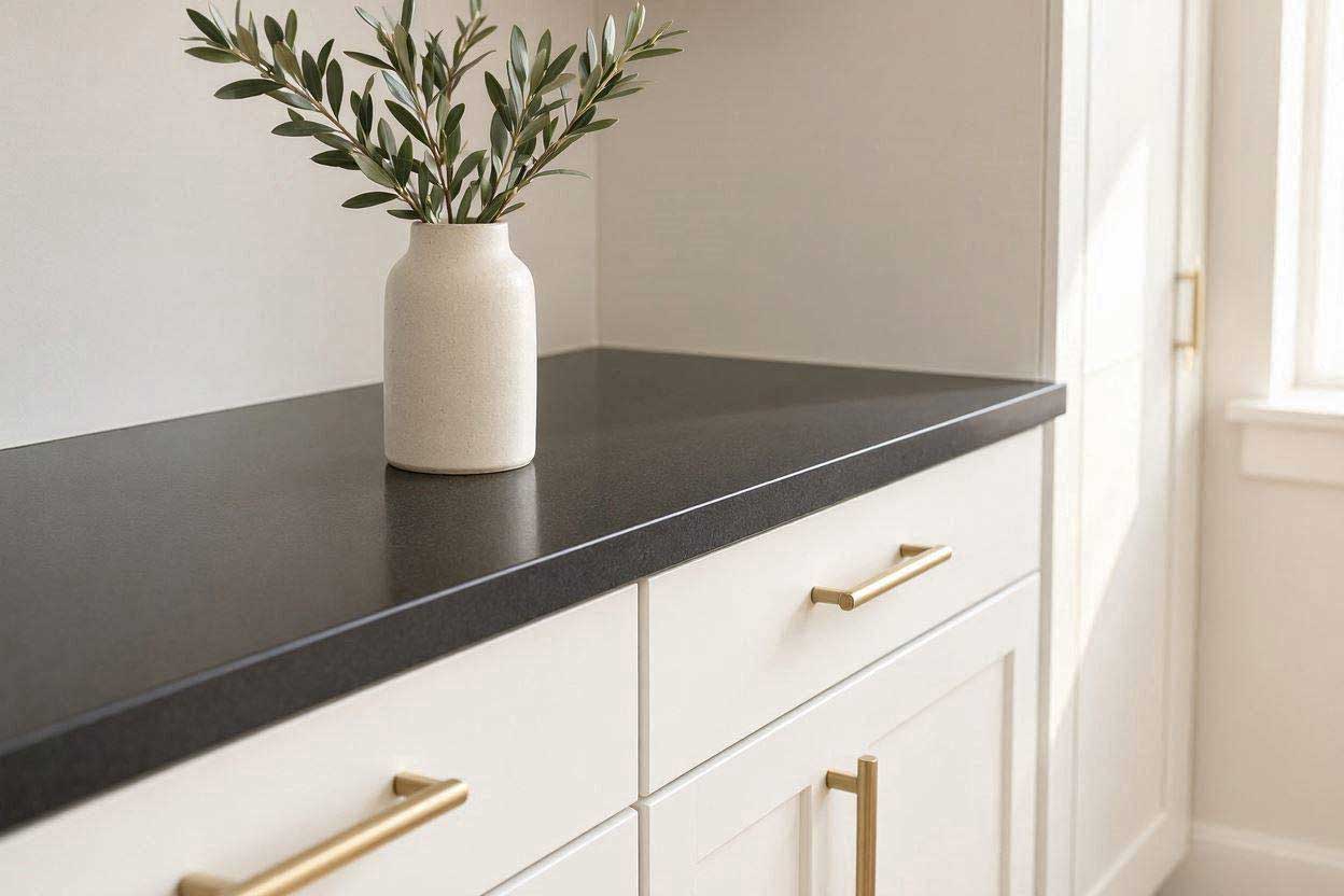 A high contrast absolute black granite countertop on top of modern white kitchen cabinets