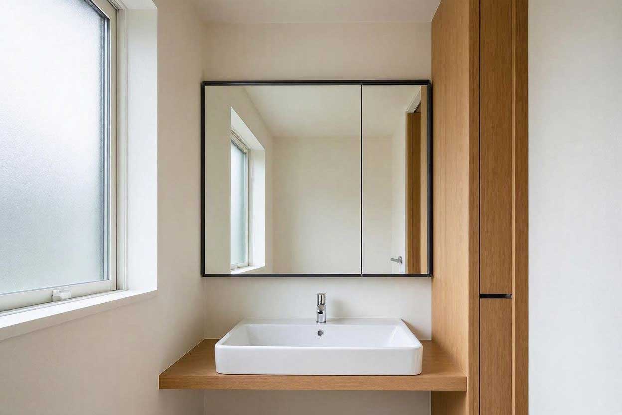 bathroom mirror with built-in storage for small essentials