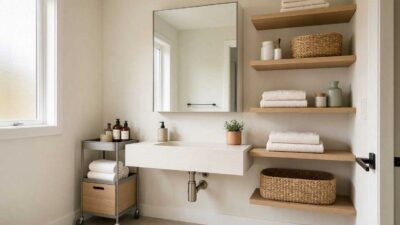 bathroom storage ideas without cabinets in a small modern bathroom