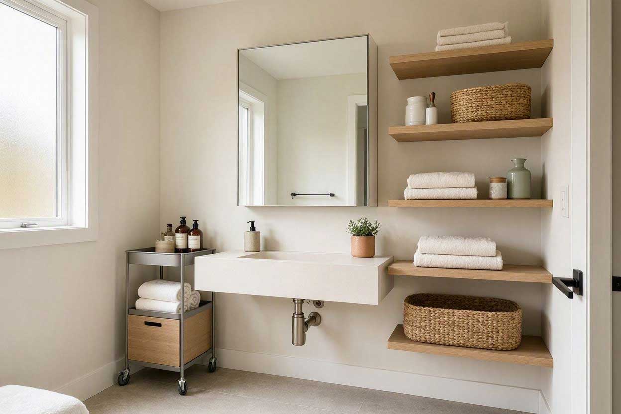 bathroom storage ideas without cabinets in a small modern bathroom