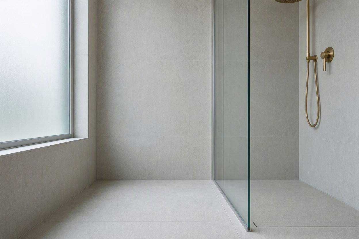 A clear glass shower panel reflecting continuous tile work to make a tiny bathroom look bigger