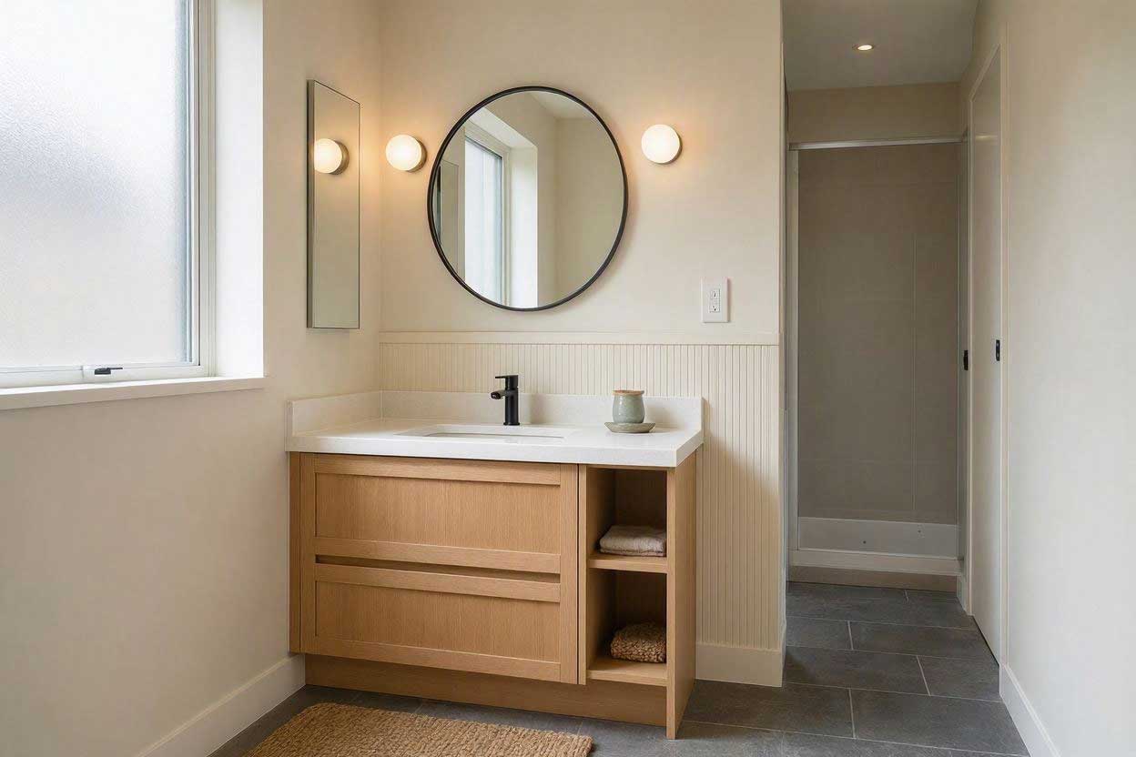 Compact corner vanity in a small bathroom