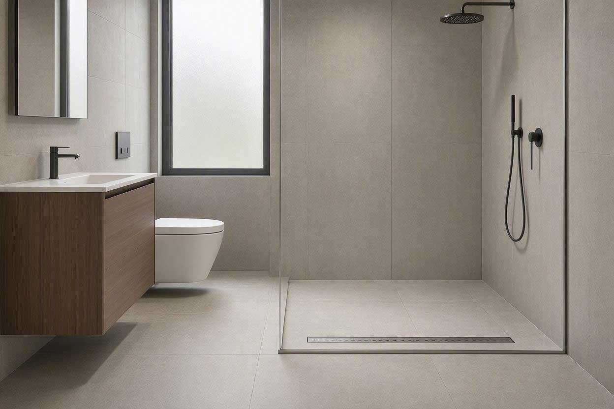Curbless doorless shower with continuous flooring in a small bathroom