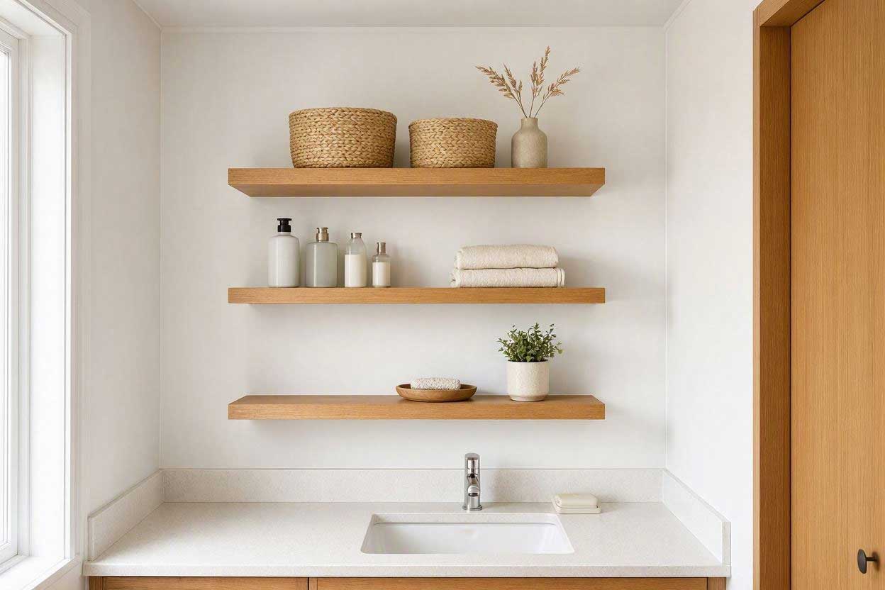 floating shelves providing storage in a bathroom without cabinets