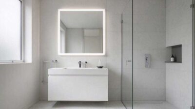 A luxury small bathroom layout showing a frameless backlit mirror and floating vanity to expand the space visually