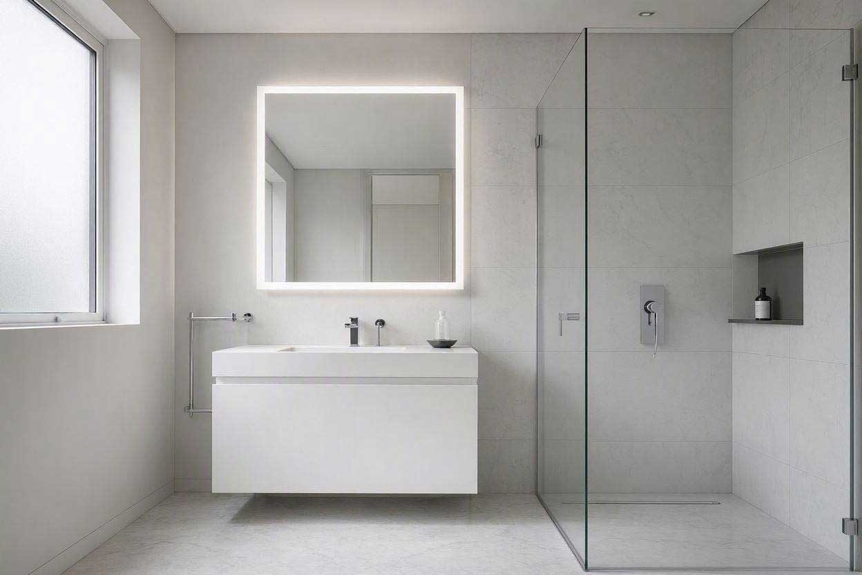 A luxury small bathroom layout showing a frameless backlit mirror and floating vanity to expand the space visually