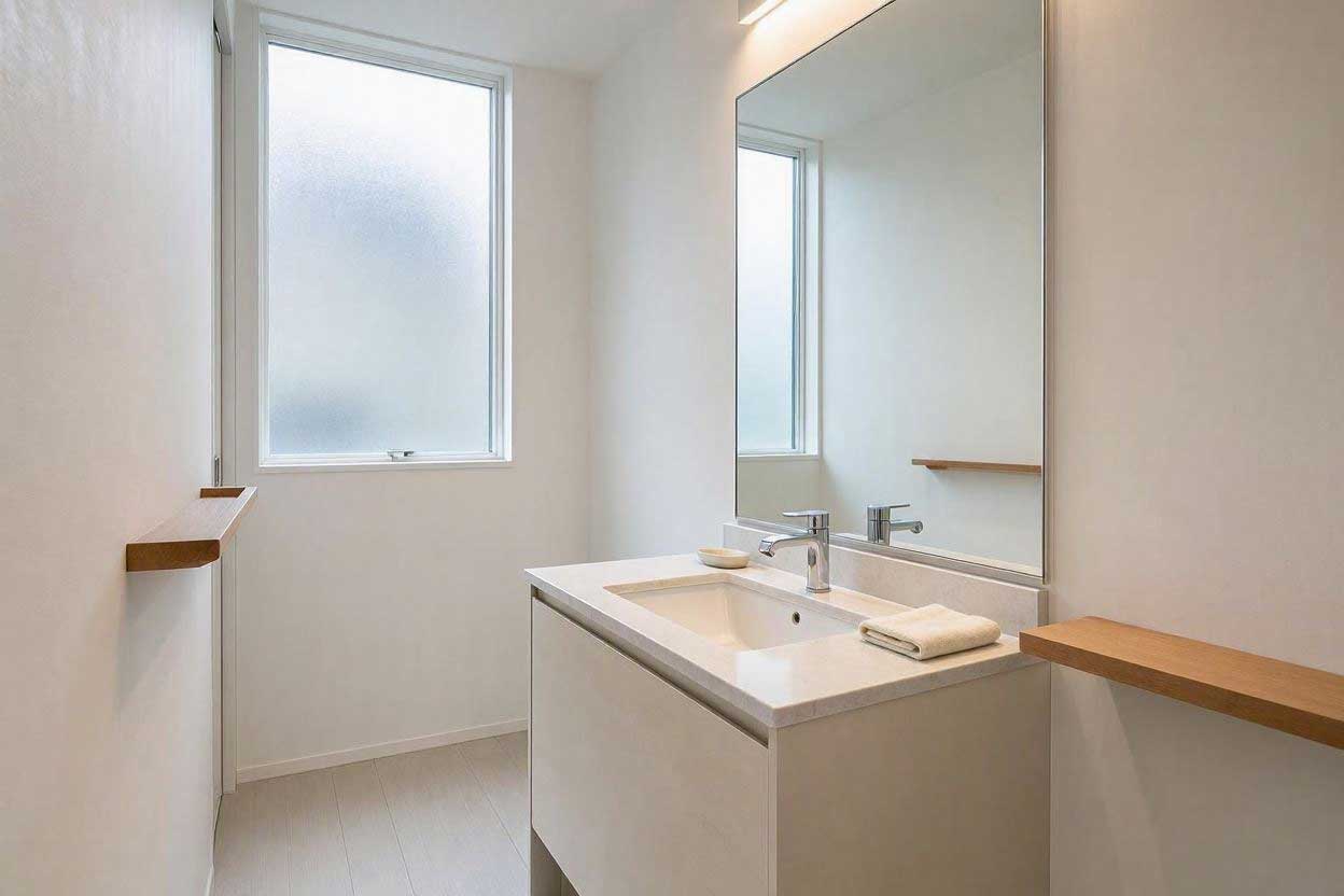 Large mirror above a compact vanity in a narrow bathroom