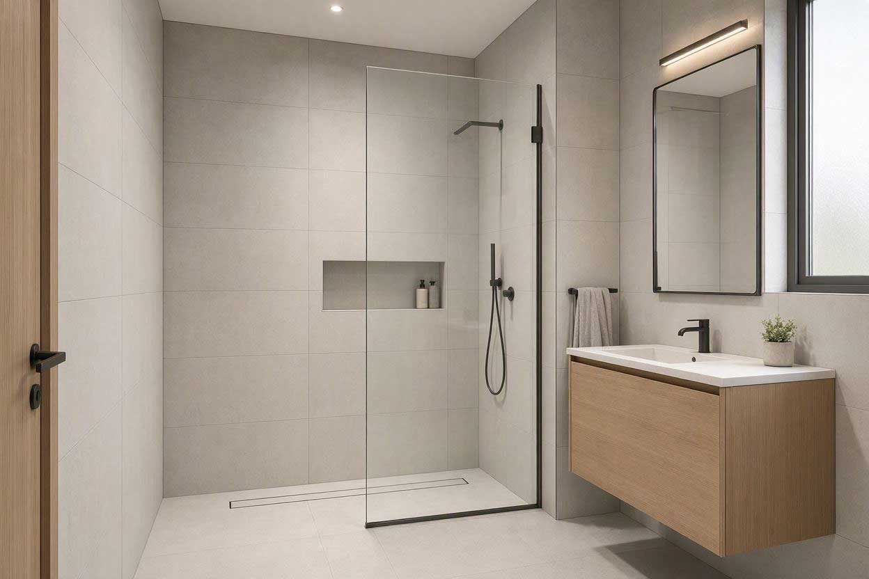 Minimalist doorless shower with clear glass in a small contemporary bathroom