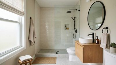Modern doorless shower in a small bathroom with a fixed glass panel