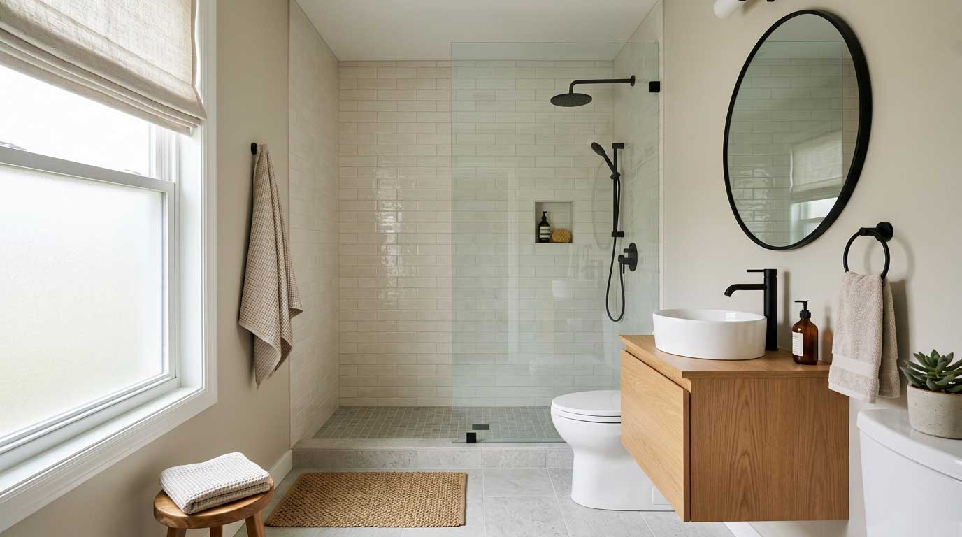 Modern doorless shower in a small bathroom with a fixed glass panel