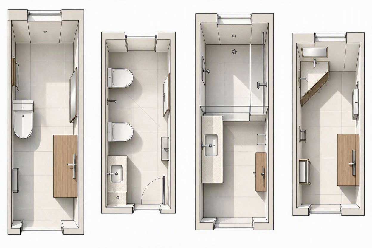 Four narrow bathroom layouts with different vanity solutions