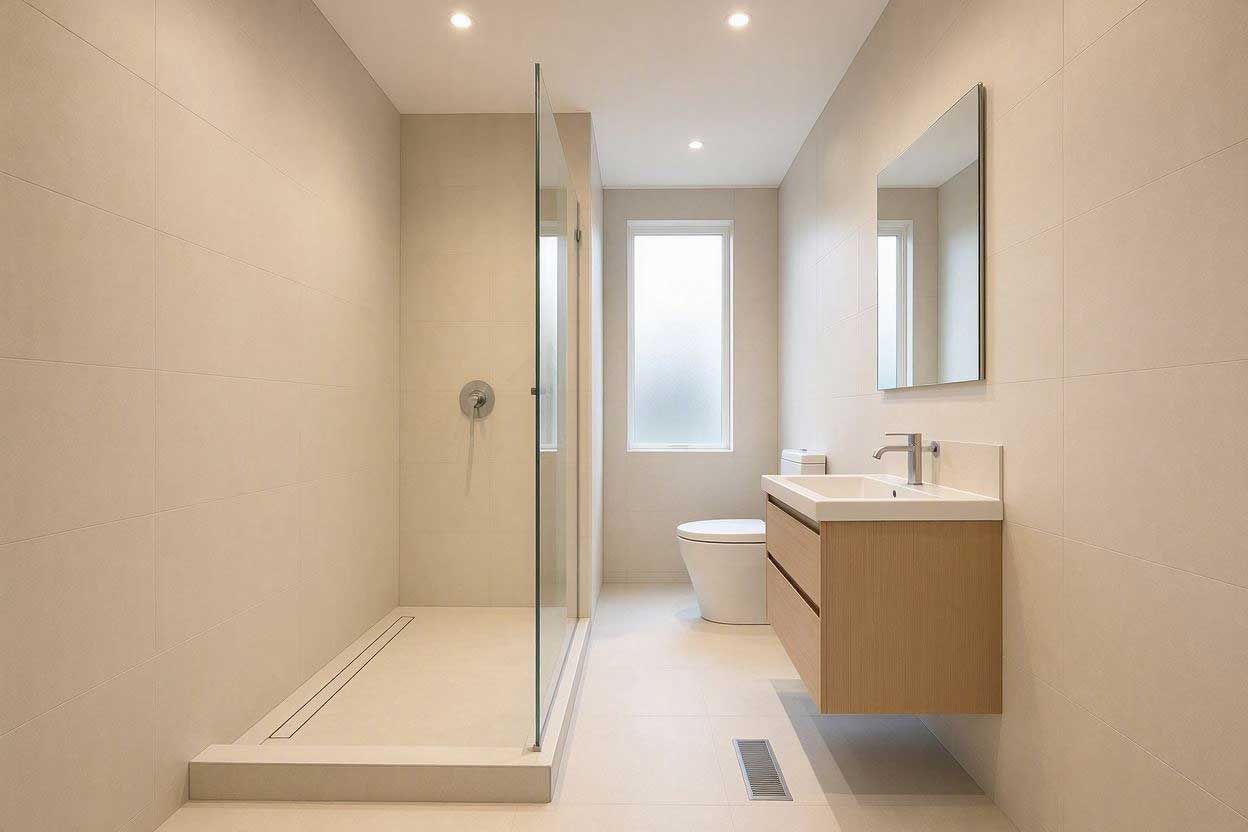 Narrow doorless shower positioned along one wall in a small bathroom